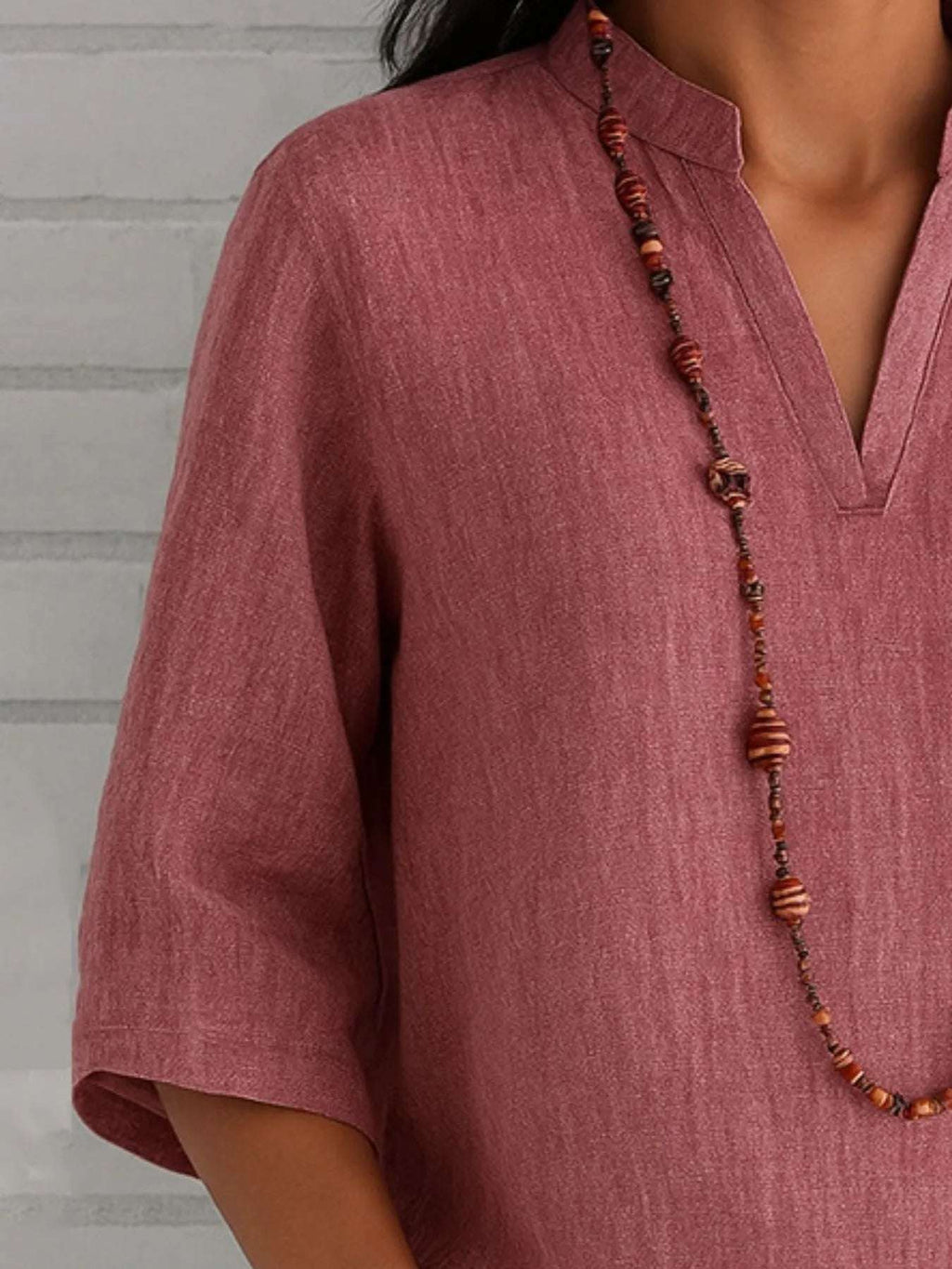 Full Size Notched Three-Quarter Sleeves Blouse Plus Size - Tops by Trendsi | Available at Handbags Specialist Headquarter