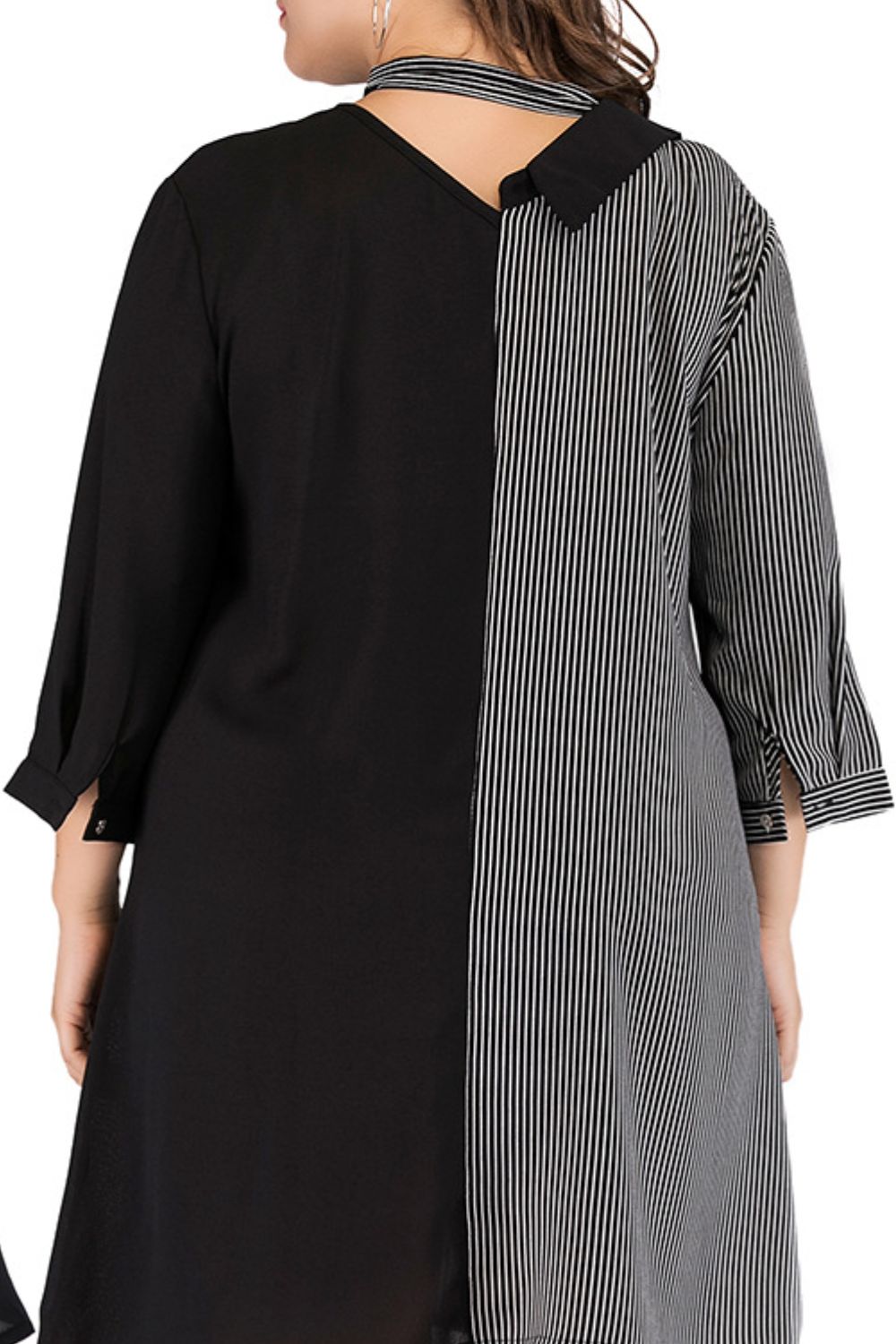 Plus Size Striped Color Block Tie-Neck Dress - Dresses by Trendsi | Available at Handbags Specialist Headquarter