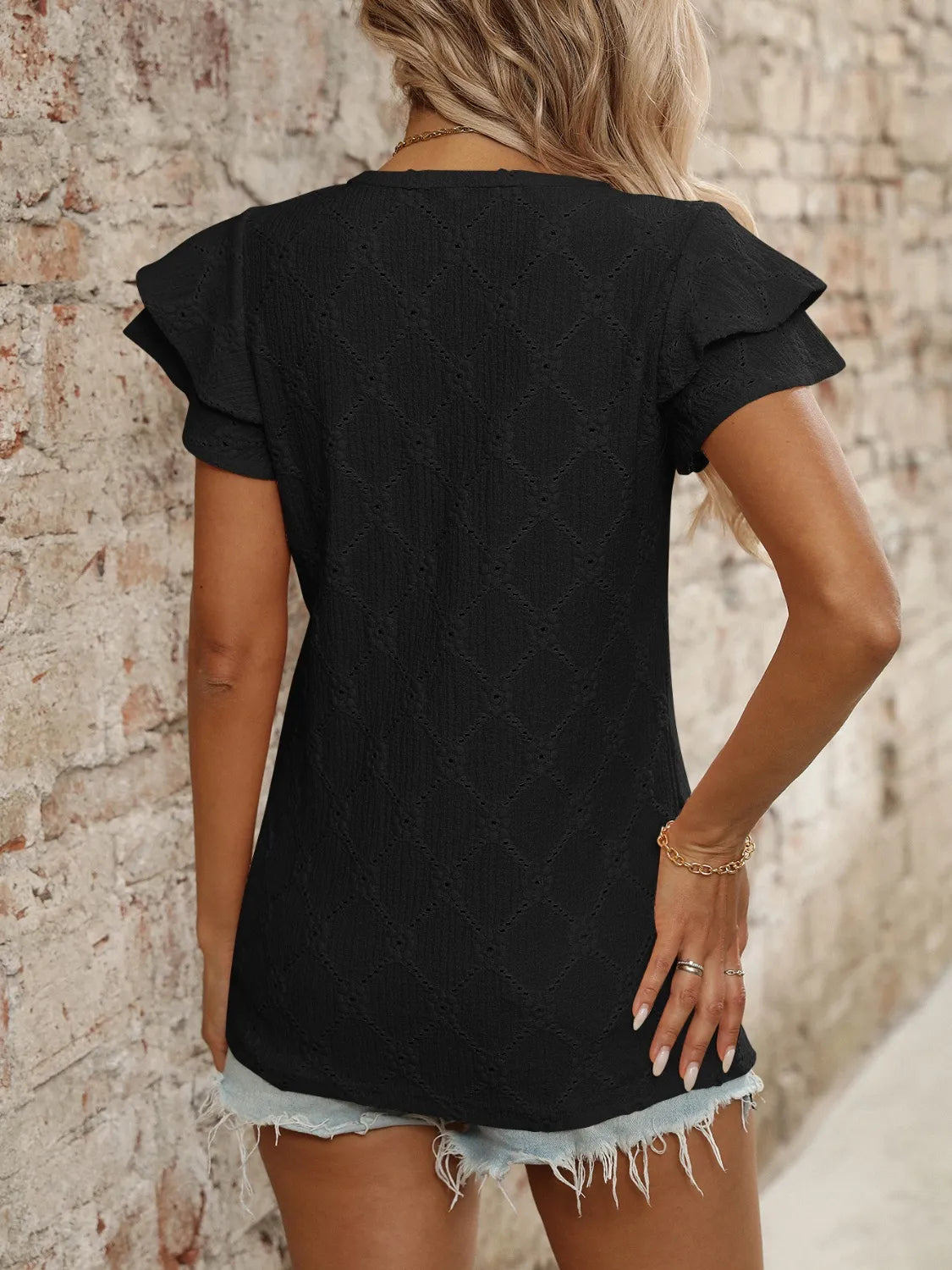 Eyelet V-Neck Ruffled Cap Sleeve Top - Tops by Trendsi | Available at Handbags Specialist Headquarter