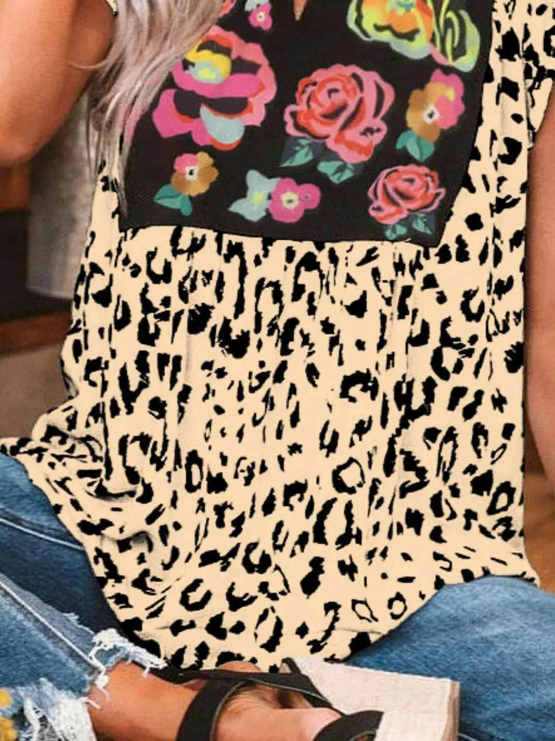 Full Size Leopard Floral Notched Cap Sleeve Blouse Plus Size - Women Plus Size by Trendsi | Available at Handbags Specialist Headquarter