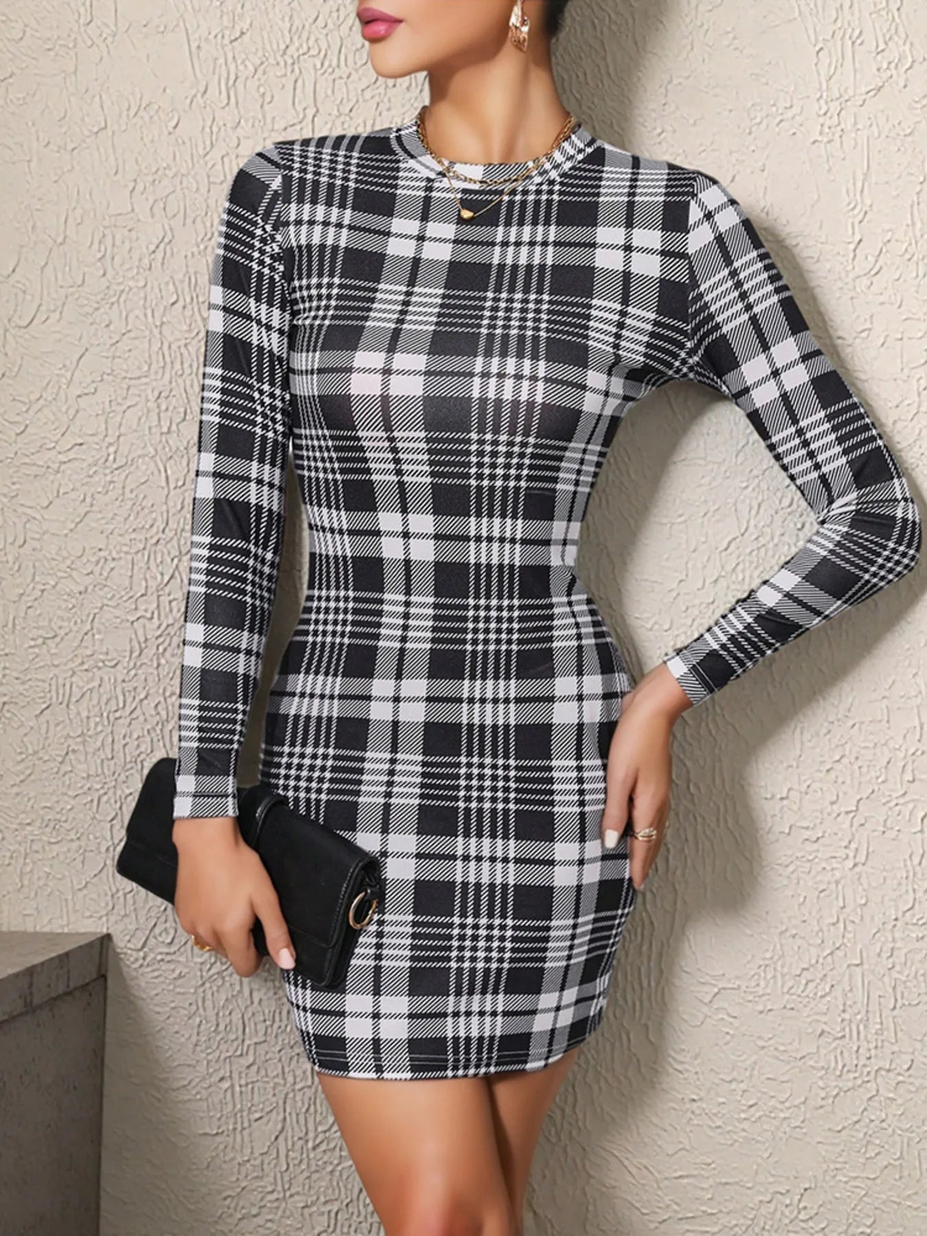 Long Sleeve Plaid Bodycon Mini Dress - Maxi Dress by Trendsi | Available at Handbags Specialist Headquarter