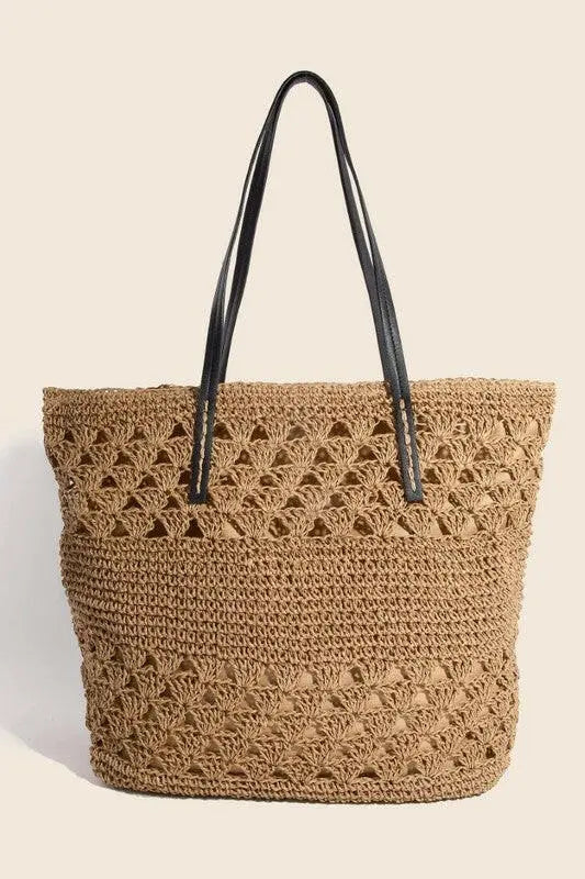 Fame Faux Leather Handle Knitted Tote Bag - Tote Bag by Trendsi | Available at Handbags Specialist Headquarter