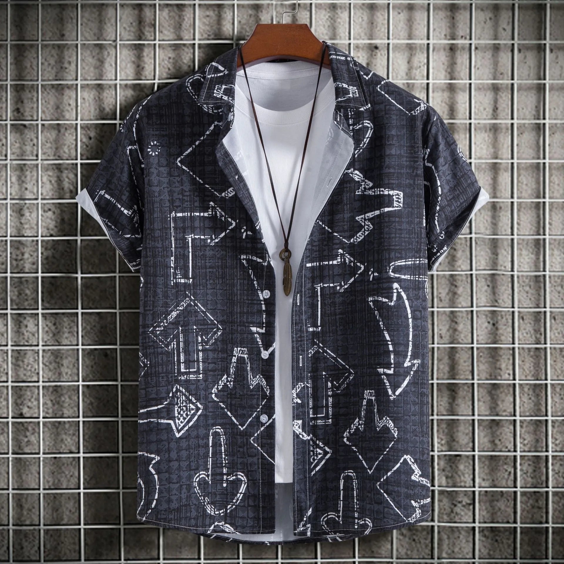Men's Plus Size Arrow Print Short Sleeve Button Down Shirt - Men's Shirts by Trendsi | Available at Handbags Specialist Headquarter