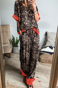 Contrast Trim Leopard Round Neck Top and Pants Lounge Set - Sleepwear by Trendsi | Available at Handbags Specialist Headquarter