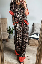Contrast Trim Leopard Round Neck Top and Pants Lounge Set - Sleepwear by Trendsi | Available at Handbags Specialist Headquarter
