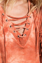 BiBi Lace-Up Tie-Dye French Terry Long Sleeve Top - Women / Jeans & Denim by Trendsi | Available at Handbags Specialist Headquarter