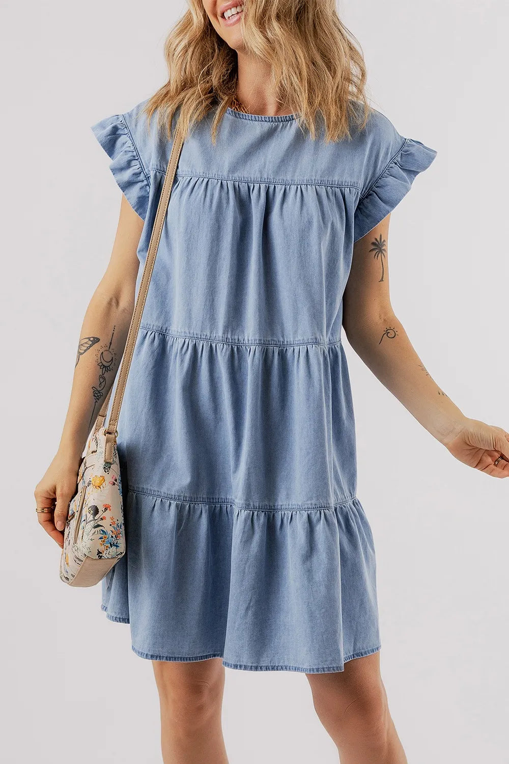 Ruffle Cap Sleeve Tiered A-line Denim Dress - Women / Jeans & Denim by Trendsi | Available at Handbags Specialist Headquarter