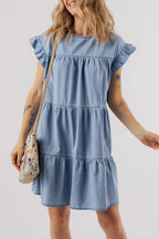 Ruffle Cap Sleeve Tiered A-line Denim Dress - Women / Jeans & Denim by Trendsi | Available at Handbags Specialist Headquarter