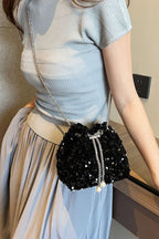 Sequin Chain Drawstring Bucket Bag - Crossbody Bag by Trendsi | Available at Handbags Specialist Headquarter