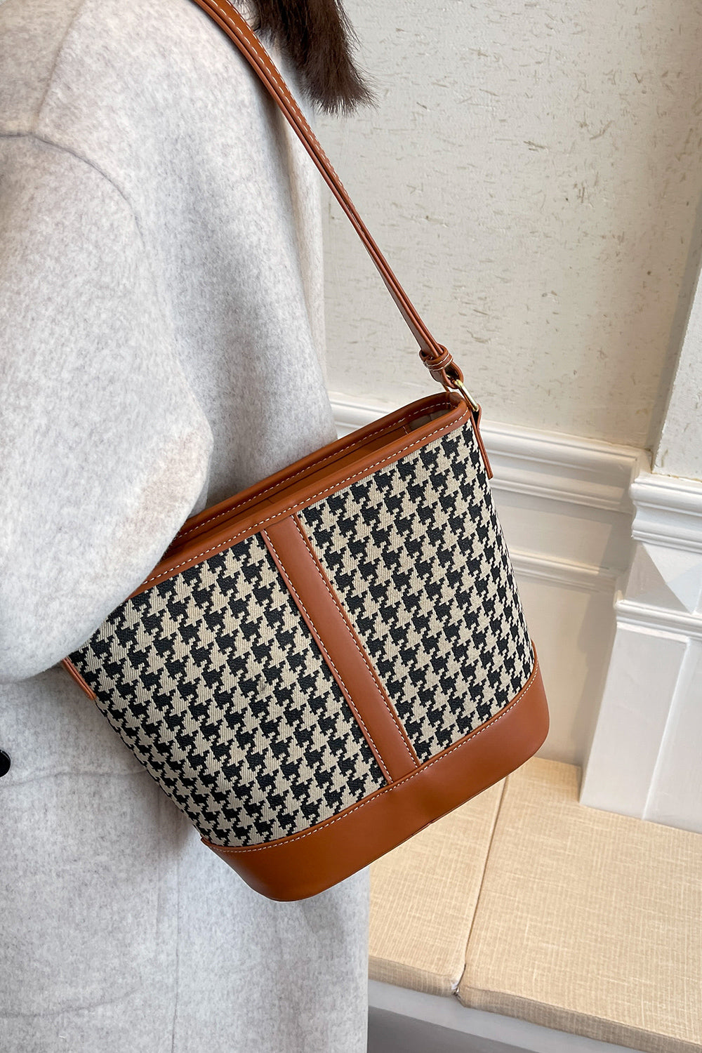 Houndstooth PU Leather Shoulder Bag - Tote Bag by Trendsi | Available at Handbags Specialist Headquarter
