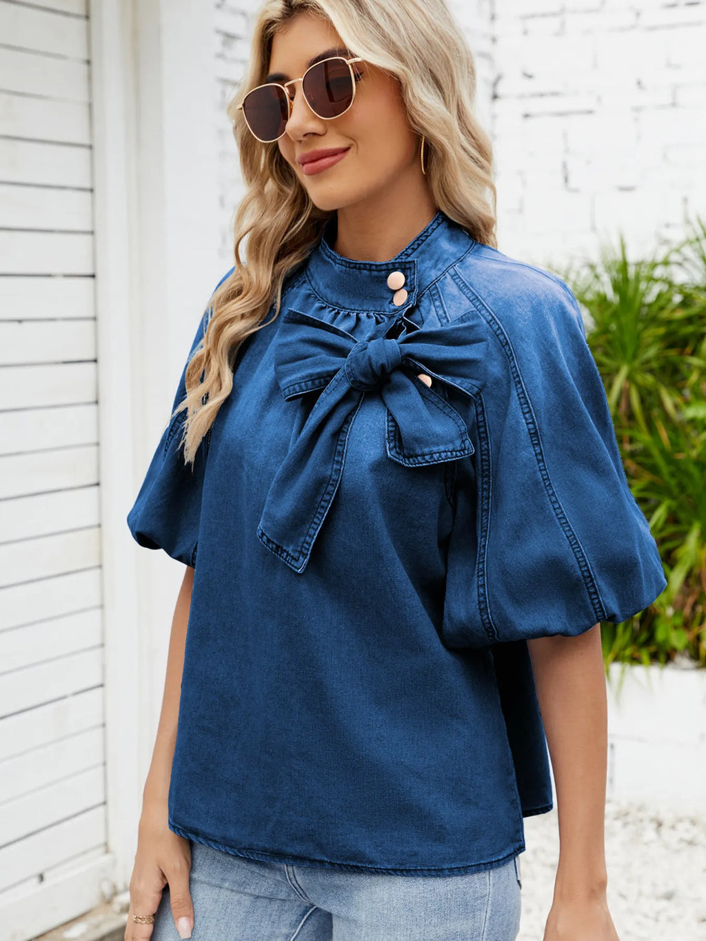 Denim Bow Tie Puff Sleeve Top - Tops by Trendsi | Available at Handbags Specialist Headquarter