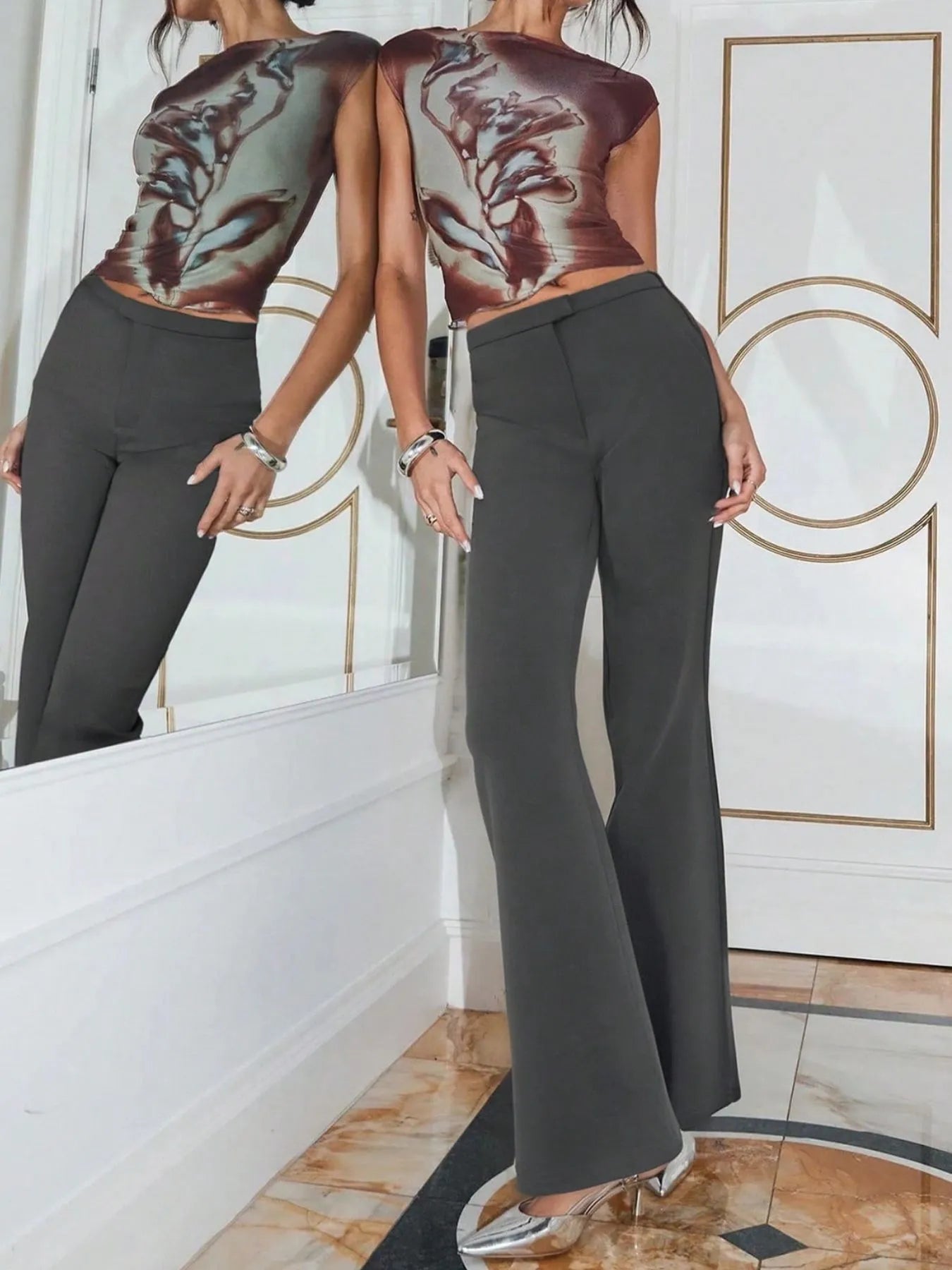 High Waist Flare Leg Trousers - Women Pants by Trendsi | Available at Handbags Specialist Headquarter