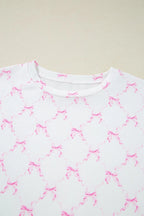 Bow Print Lettuce Trim Round Neck Top and Shorts Lounge Set - Sleepwear by Trendsi | Available at Handbags Specialist Headquarter