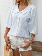 Striped Button Down 3/4 Sleeve Shirt - Women's Down Shirt Tops by Trendsi | Available at Handbags Specialist Headquarter