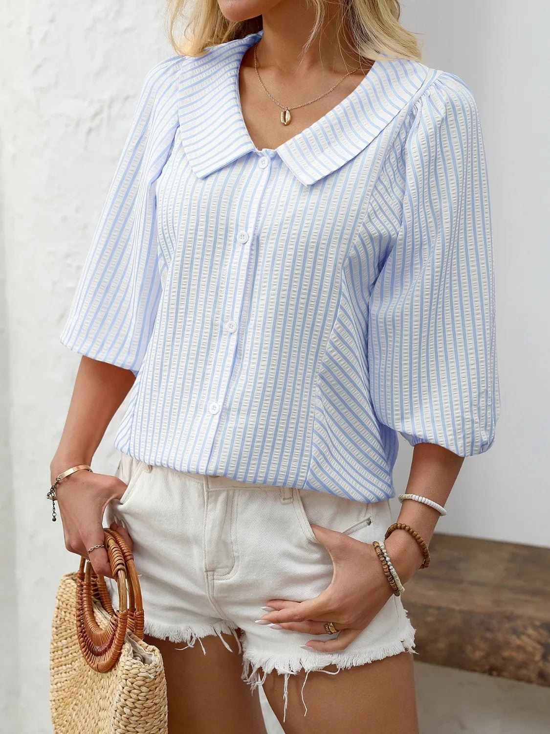 Striped Button Down 3/4 Sleeve Shirt - Women's Down Shirt Tops by Trendsi | Available at Handbags Specialist Headquarter