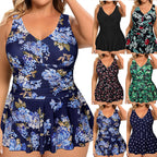 Variety of plus-size floral and patterned swimsuits in different colors, including blue, green, and black.