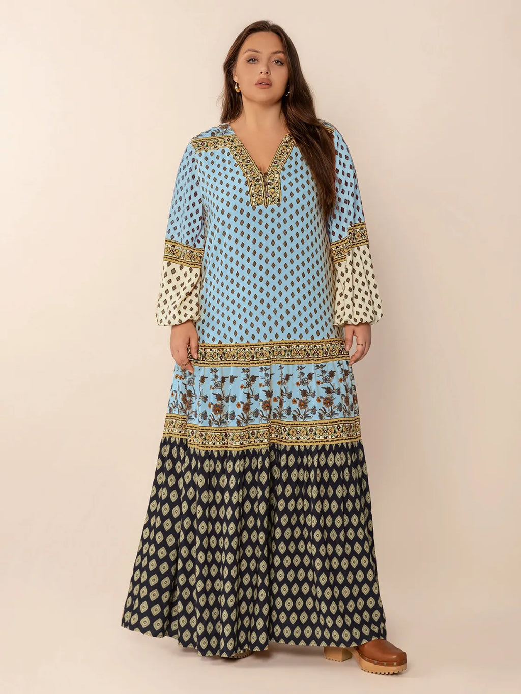 Plus Size Printed V-Neck Balloon Sleeve Maxi Dress - Dresses by Trendsi | Available at Handbags Specialist Headquarter