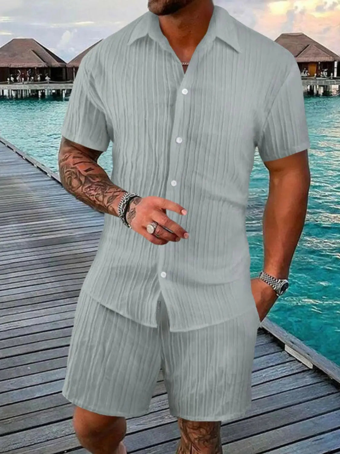 Men's Full Size Button Down Short Sleeve Shirt and Shorts Set Plus Size - Men's Sets by Trendsi | Available at Handbags Specialist Headquarter