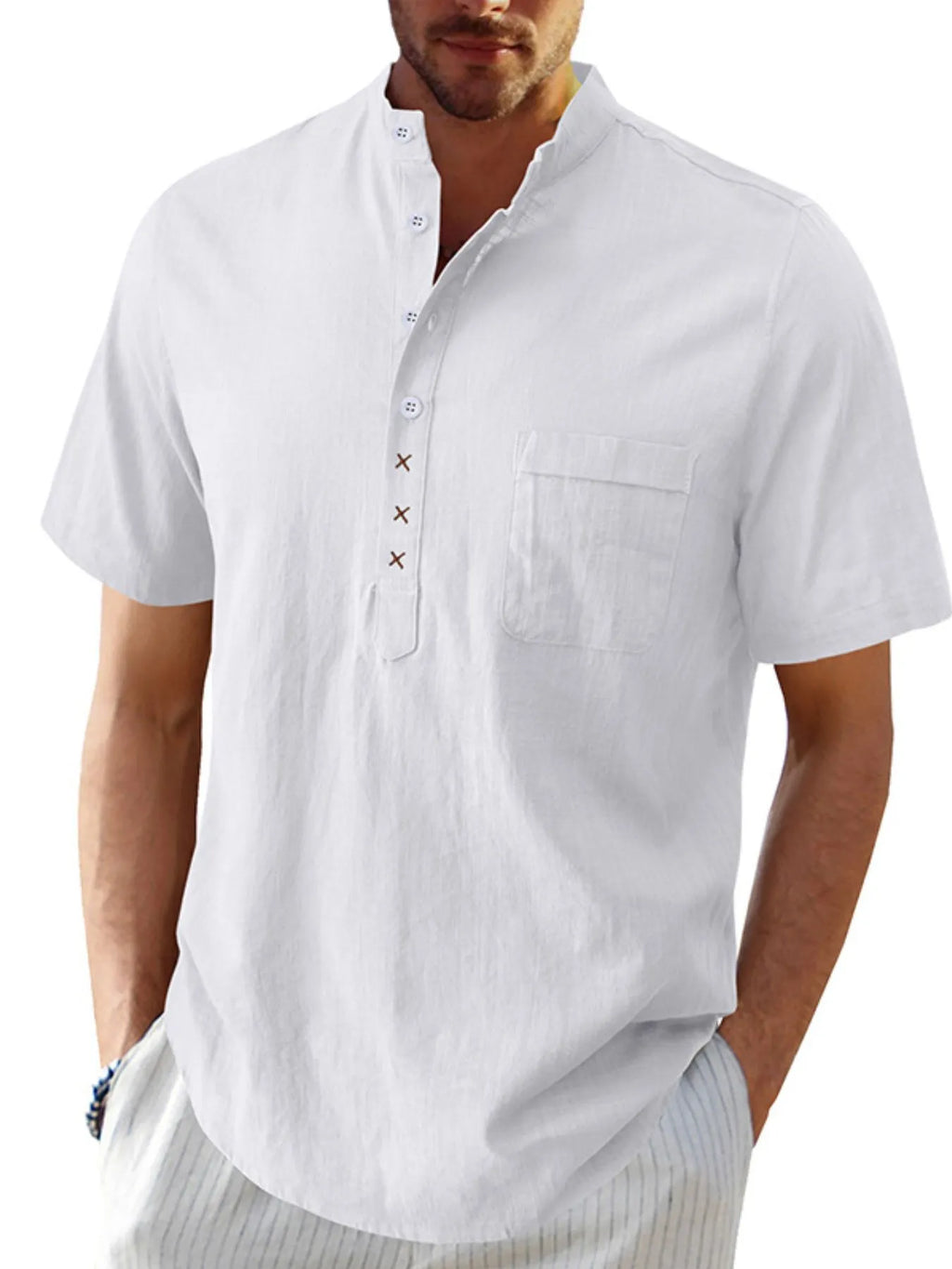 Men's Casual Collar Short Sleeve Linen Polo Shirt - Men's Polo shirt by Trendsi | Available at Handbags Specialist Headquarter
