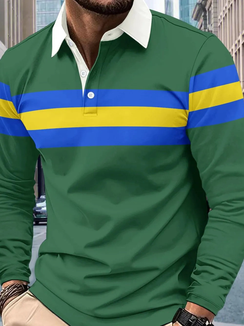 Men's Full Size Collared Contrast Striped Polo Plus Size - Men's Polo shirt by Trendsi | Available at Handbags Specialist Headquarter