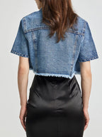 Cropped Short Sleeve Denim Jacket with Frayed Hem - Women / Jeans & Denim by Trendsi | Available at Handbags Specialist Headquarter