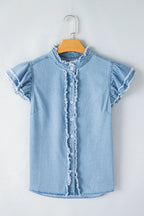 Button Down Raw Hem Ruffled Denim Shirt - Women / Jeans & Denim by Trendsi | Available at Handbags Specialist Headquarter
