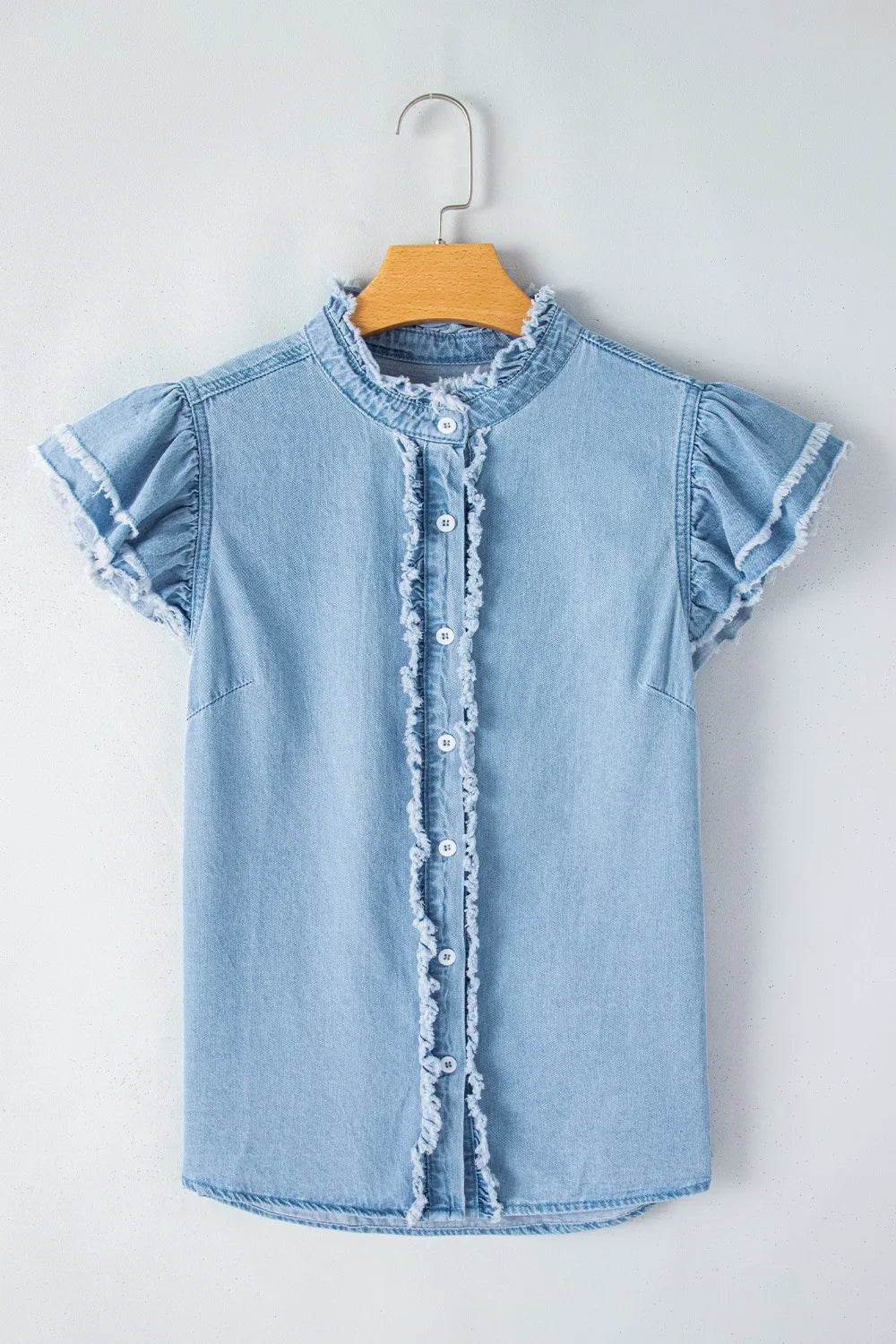 Button Down Raw Hem Ruffled Denim Shirt - Women / Jeans & Denim by Trendsi | Available at Handbags Specialist Headquarter