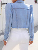 Distressed Puff Sleeve Wash Denim Jacket - Women / Jeans & Denim by Trendsi | Available at Handbags Specialist Headquarter
