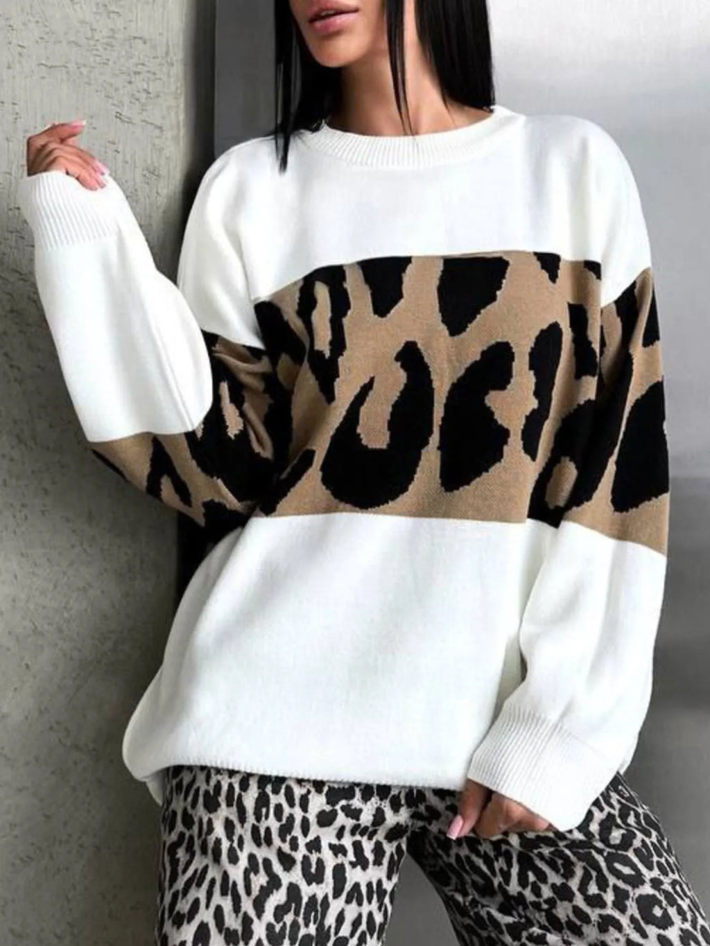 Leopard Color Block Round Neck Sweater - Tops by Trendsi | Available at Handbags Specialist Headquarter