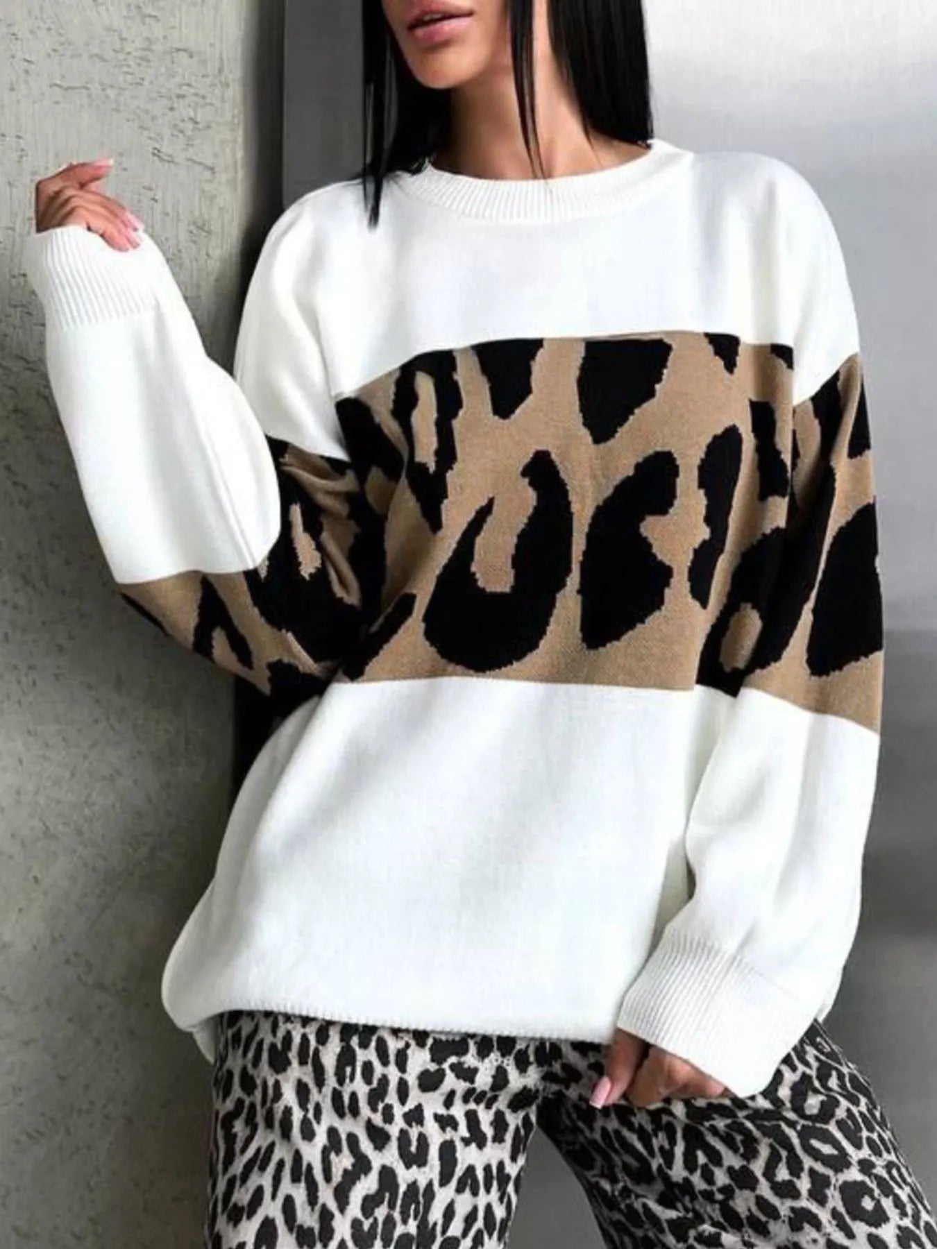 Leopard Color Block Round Neck Sweater - Tops by Trendsi | Available at Handbags Specialist Headquarter