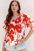 Plant Print Tiered Ruffled Sleeve Tie Neck Blouse - Tops by Trendsi | Available at Handbags Specialist Headquarter