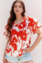 Plant Print Tiered Ruffled Sleeve Tie Neck Blouse - Tops by Trendsi | Available at Handbags Specialist Headquarter