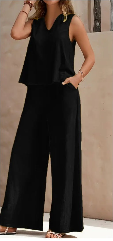 Summer Vibe: V-Neck Tank & Wide Leg Pants Set