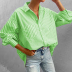 Striped Button Down Long Sleeve Shirt - Women's Down Shirt Tops by Trendsi | Available at Handbags Specialist Headquarter