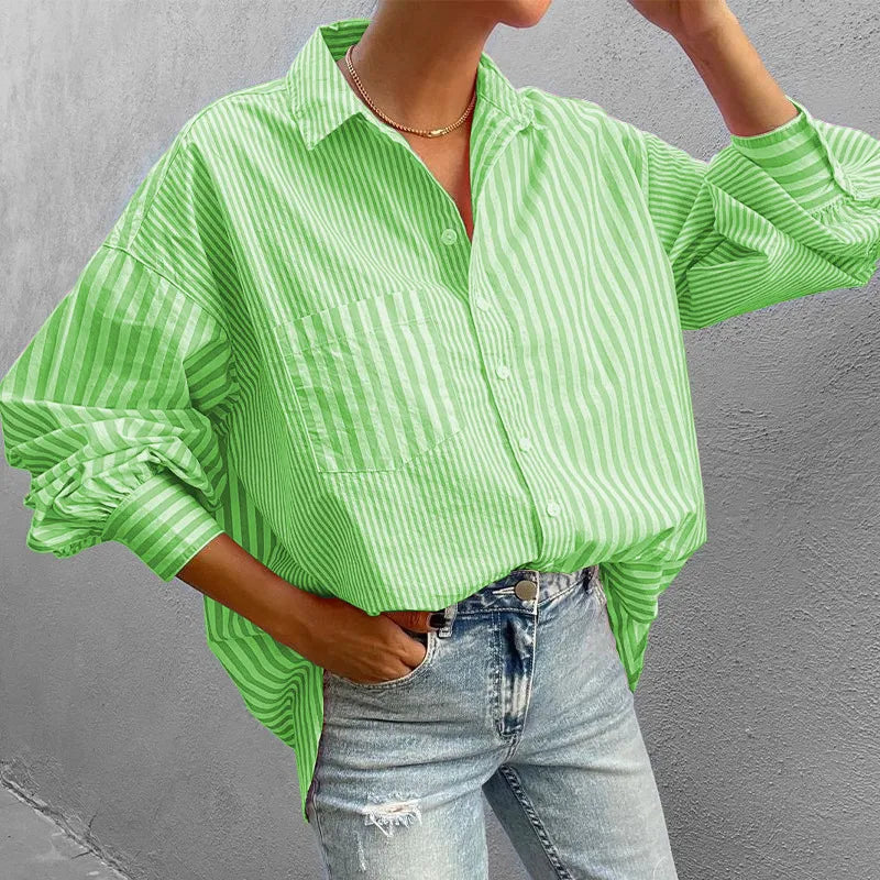 Striped Button Down Long Sleeve Shirt - Women's Down Shirt Tops by Trendsi | Available at Handbags Specialist Headquarter