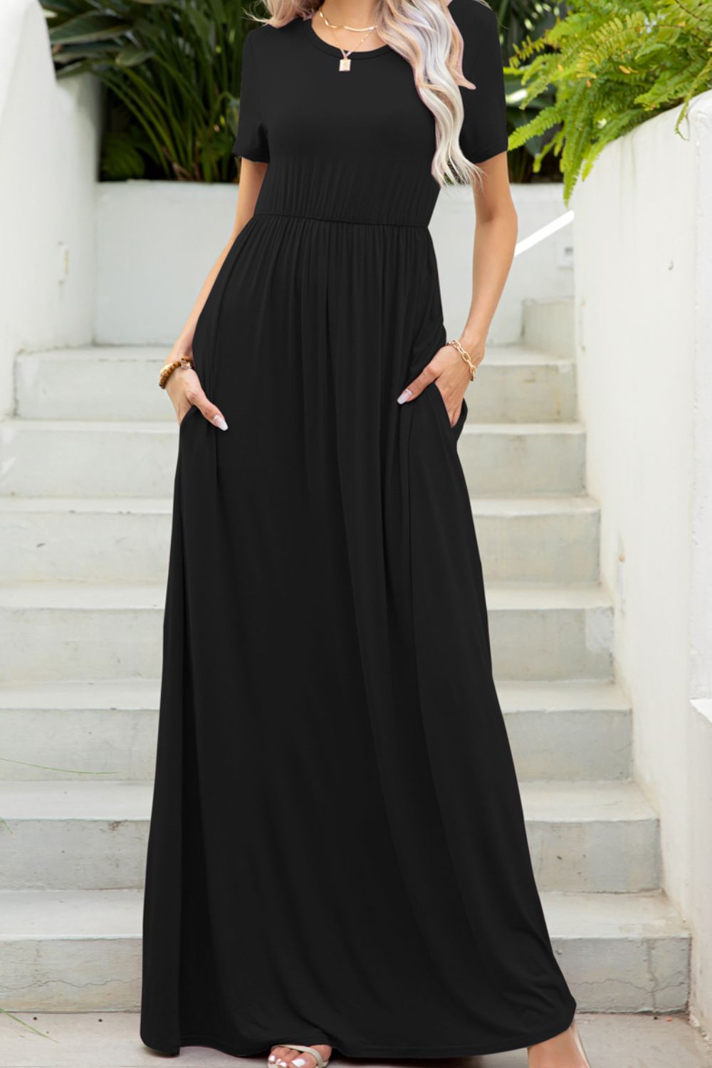 Round Neck Maxi Tee Dress with Pockets - Maxi Dress by Trendsi | Available at Handbags Specialist Headquarter