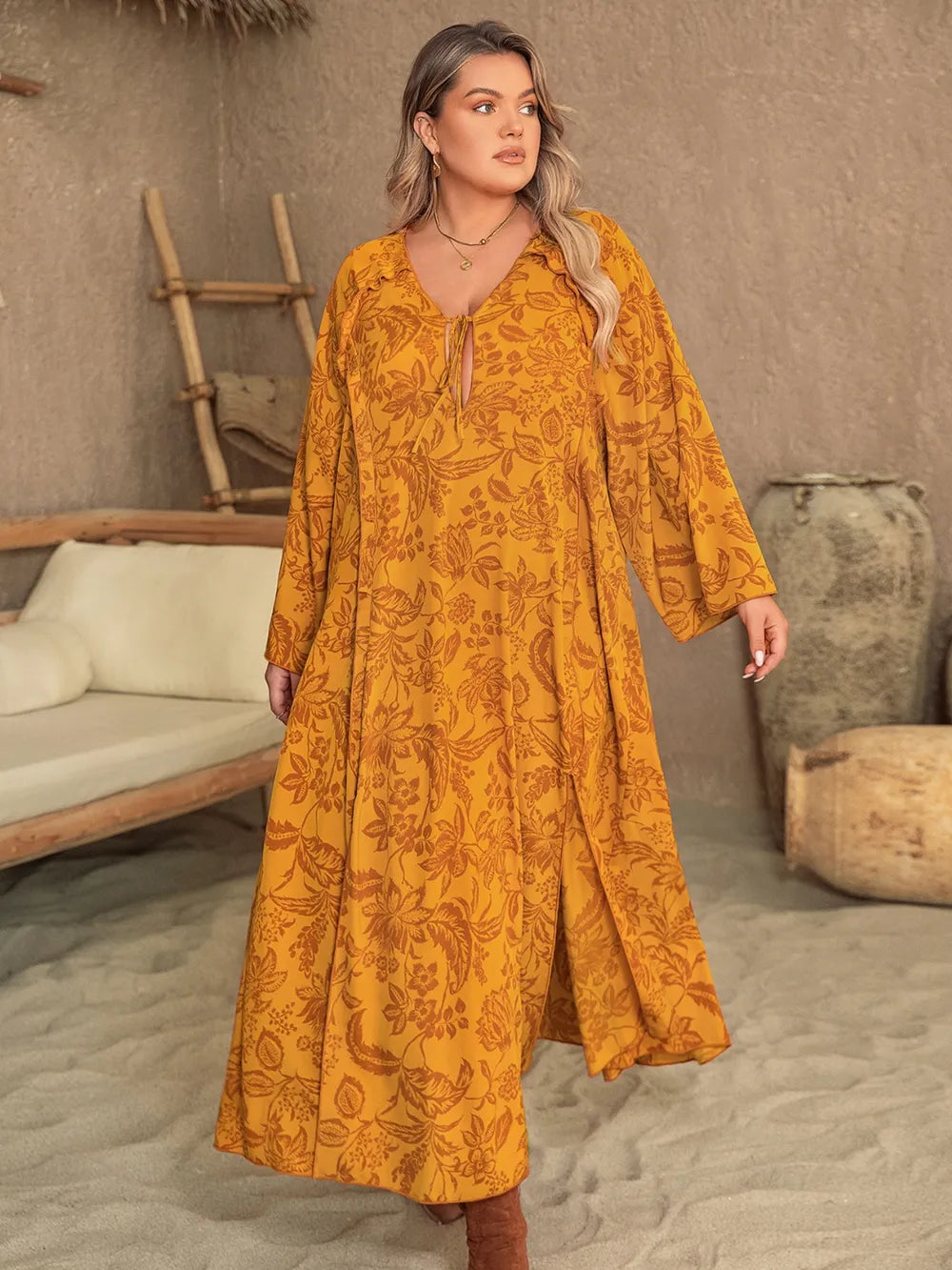 Plus Size Printed Slit Long Sleeve Dress - Dresses by Trendsi | Available at Handbags Specialist Headquarter