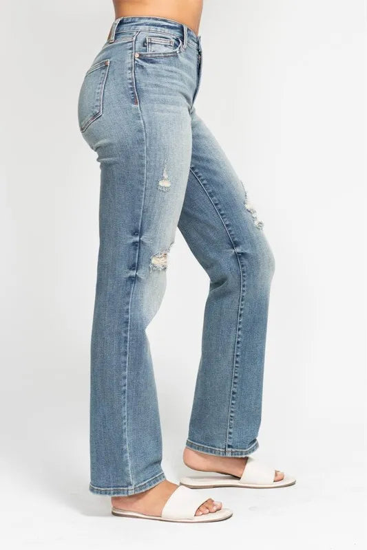Judy Blue Full Size High Waist Distressed Dad Jean Plus Size - Women / Jeans & Denim by Trendsi | Available at Handbags Specialist Headquarter