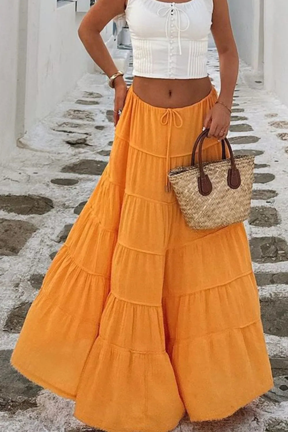 Bohemian Tiered Maxi Skirt with Drawstring Waist - Skirts by Trendsi | Available at Handbags Specialist Headquarter