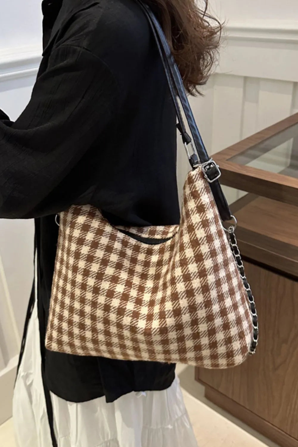 Plaid Adjustable Strap Handbag - Tote Bag by Trendsi | Available at Handbags Specialist Headquarter