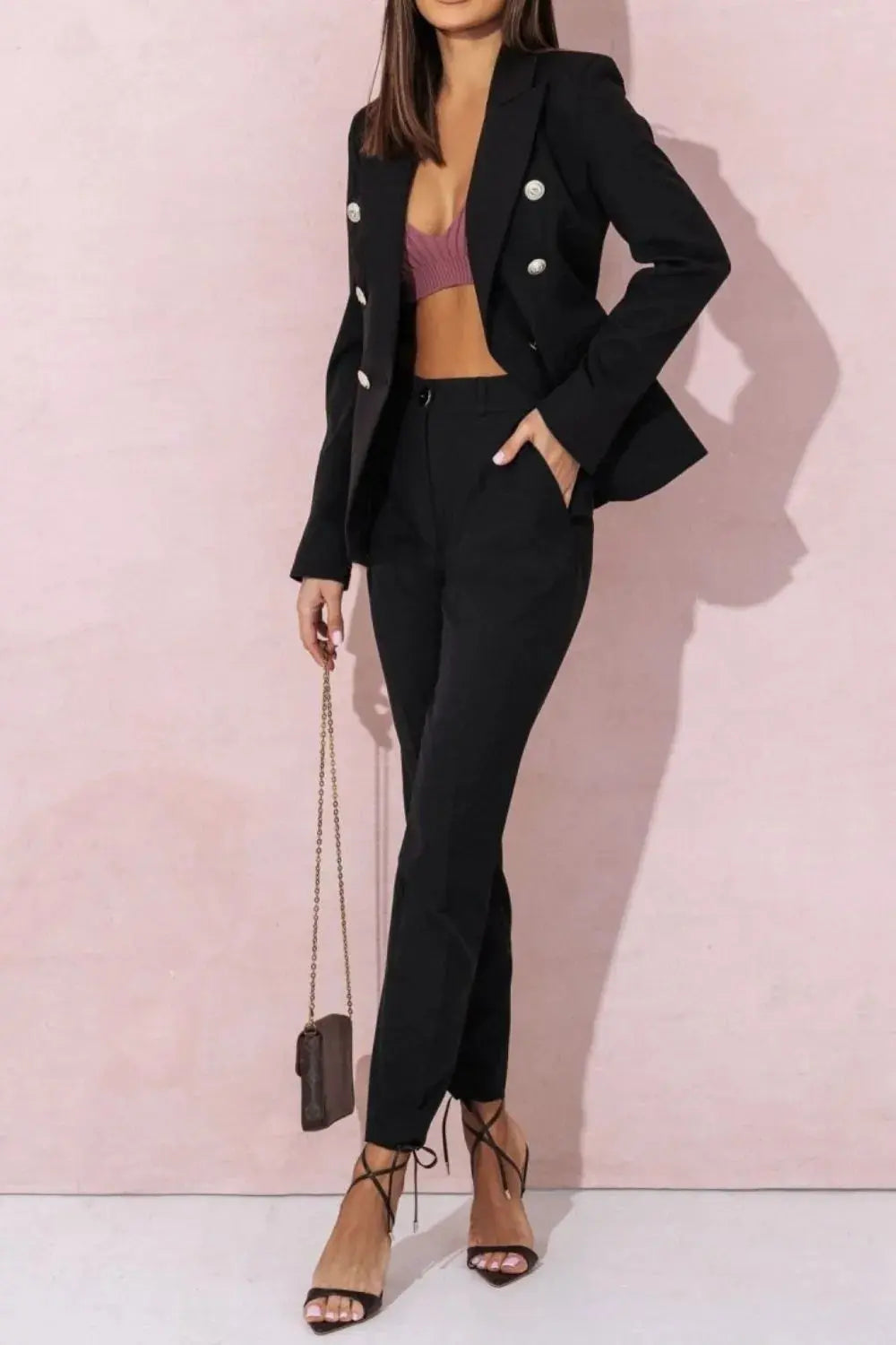 Full Size Lapel Collar Long Sleeve Blazer and Pants Set Plus Size - Women Plus Size by Trendsi | Available at Handbags Specialist Headquarter