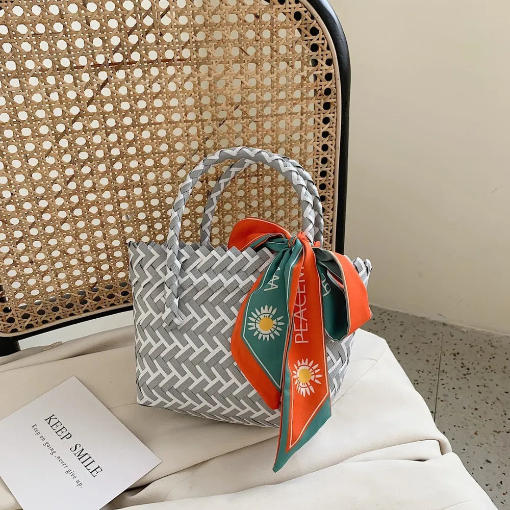 Contrast Woven Handbag with Ribbon - Tote Bag by Trendsi | Available at Handbags Specialist Headquarter