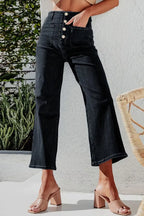 Button Fly Cropped Wide Leg Jeans - Women / Jeans & Denim by Trendsi | Available at Handbags Specialist Headquarter