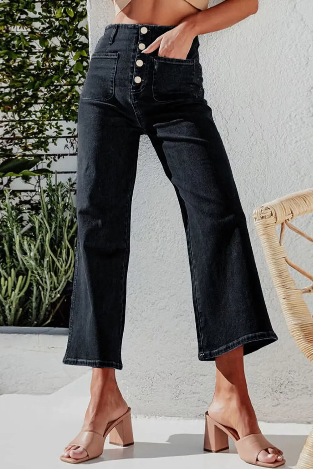 Button Fly Cropped Wide Leg Jeans - Women / Jeans & Denim by Trendsi | Available at Handbags Specialist Headquarter