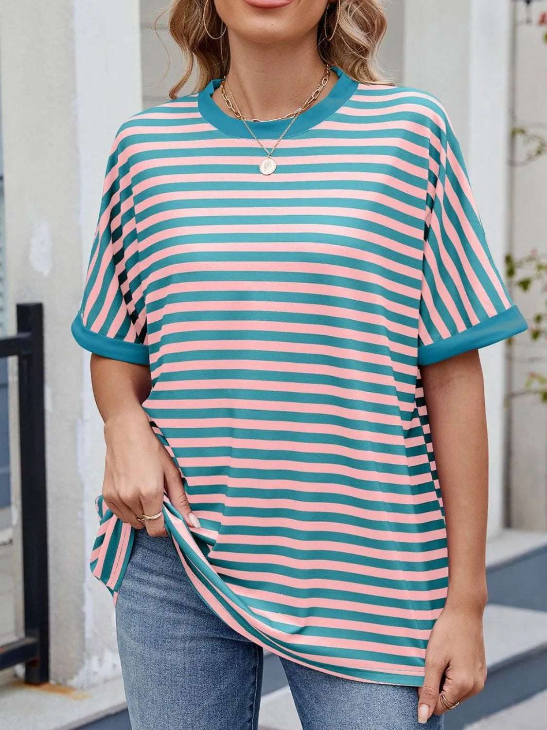 Striped Round Neck Half Sleeve T-Shirt - Women / Tops by Trendsi | Available at Handbags Specialist Headquarter