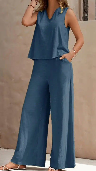 Summer Vibe: V-Neck Tank & Wide Leg Pants Set