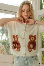 BiBi Teddy Bear With Bow Patched Sweater Button Down Top - Tops by Trendsi | Available at Handbags Specialist Headquarter