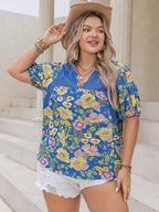 Plus Size Printed Notched Short Sleeve Blouse - Plus Size Shirts by Trendsi | Available at Handbags Specialist Headquarter