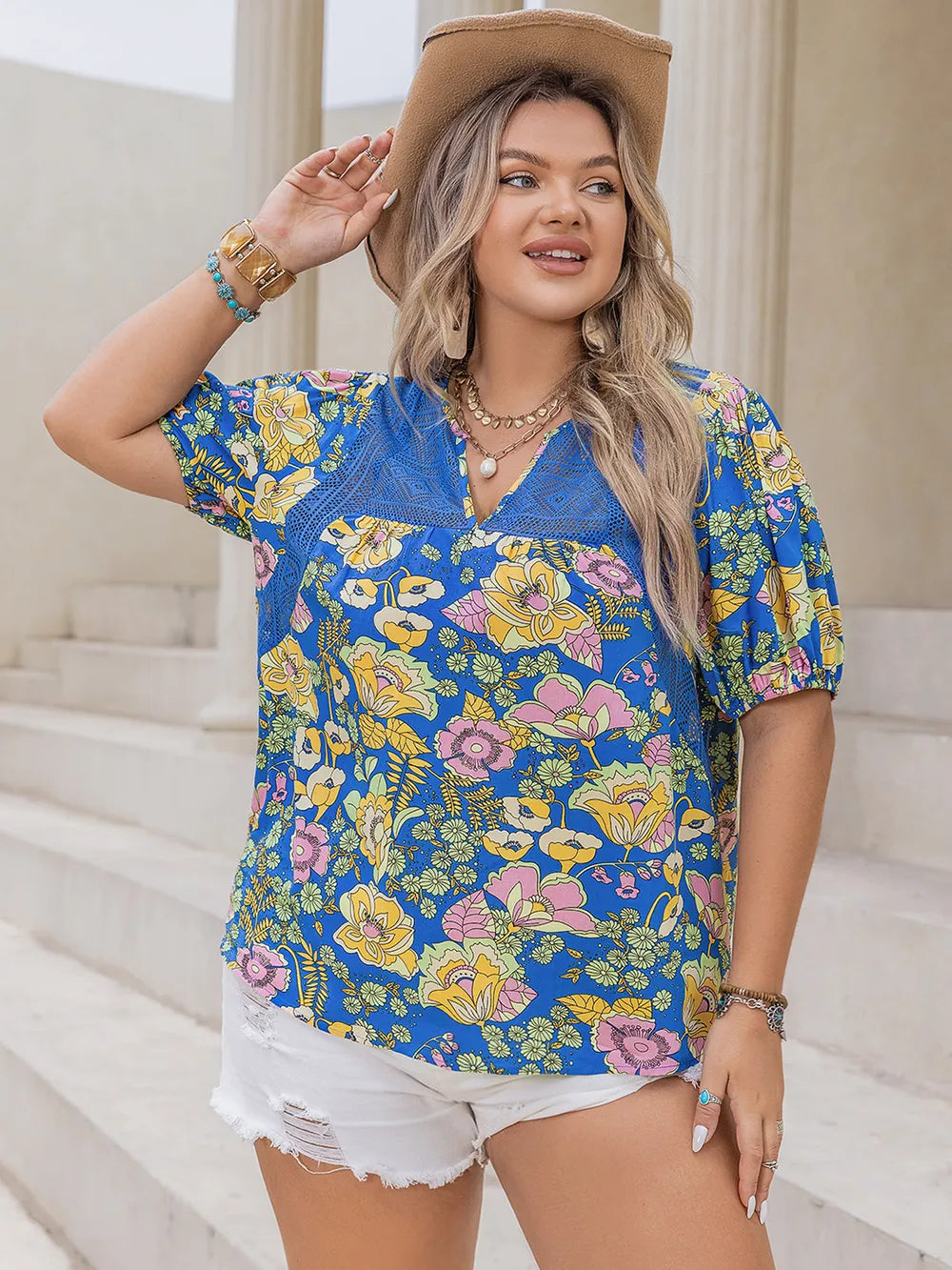 Plus Size Printed Notched Short Sleeve Blouse - Plus Size Shirts by Trendsi | Available at Handbags Specialist Headquarter