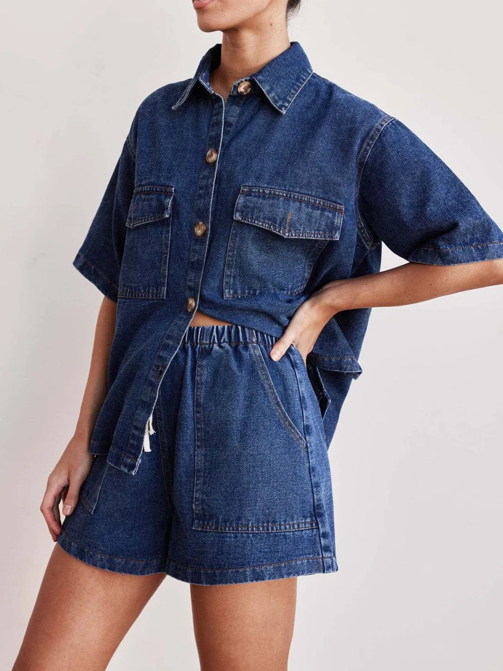 Button Up Short Sleeve Top and Shorts Denim Set - Women / Jeans & Denim by Trendsi | Available at Handbags Specialist Headquarter